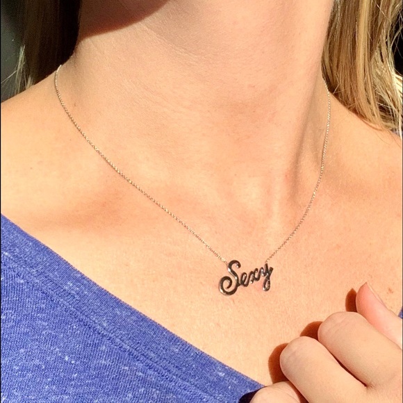 18K SOLID WHITE GOLD SEXY SCRIPT PENDANT NECKLACE - Picture 1 of 8